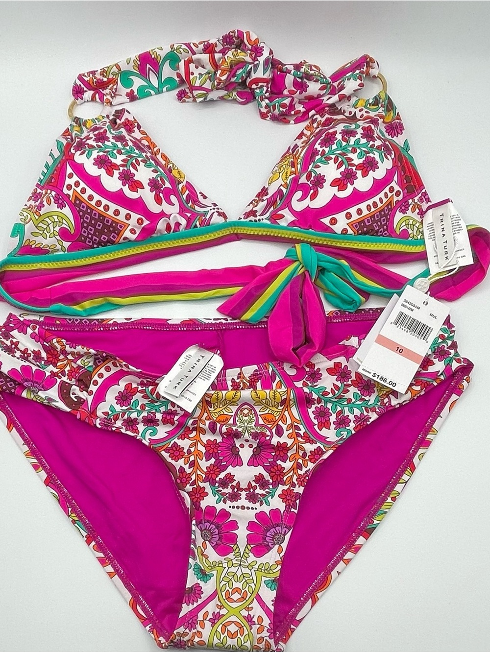Trina Turk Fuchsia Floral Halter Bikini Top with Teal & Yellow Accents 10 NWT